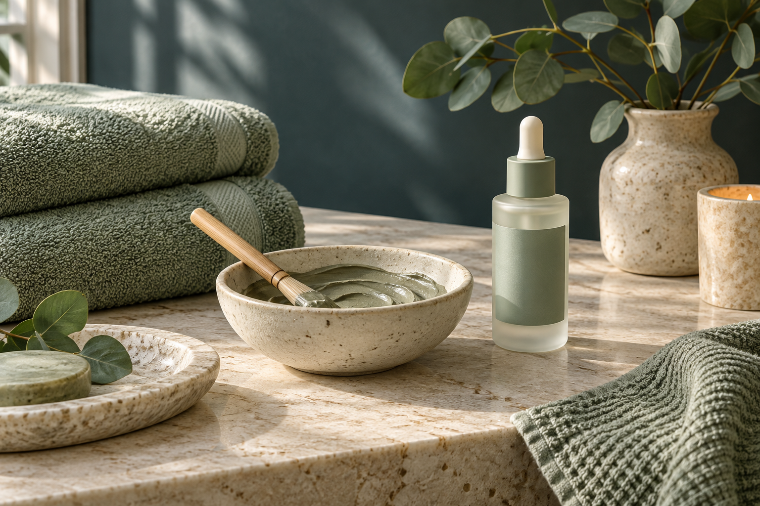 Fictional salon still life with facial products, towels and ceramics