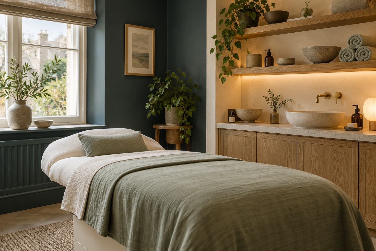 Fictional salon treatment room with sage linens and a slate feature wall